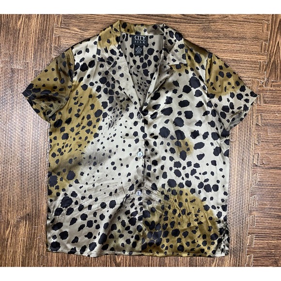 Vintage City Silk Button Down Blouse Cheetah Print Short Sleeve 100% Silk Sz M - Picture 1 of 6